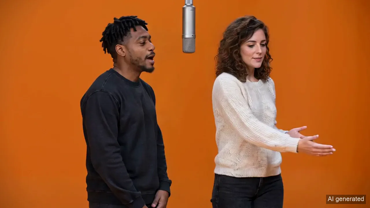 Hotel Lobby sample: two AI-made people in a bright orange studio with a hanging microphone